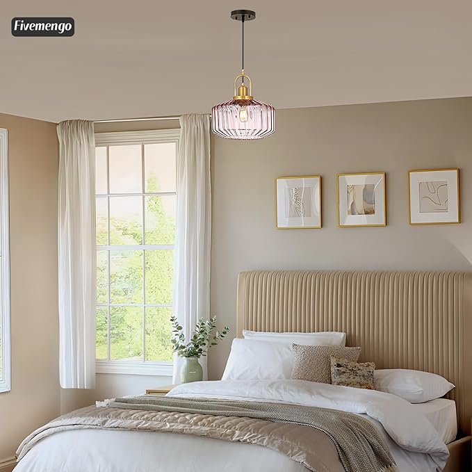 11.8in Mid Century Modern Pink Glass Pendant Light Fixture, Large Gold Kitchen Island Pendants Light Glass Ceiling Hanging Lamp for Foyer Dining Room Bedroom Entryway Hallway Over Sink