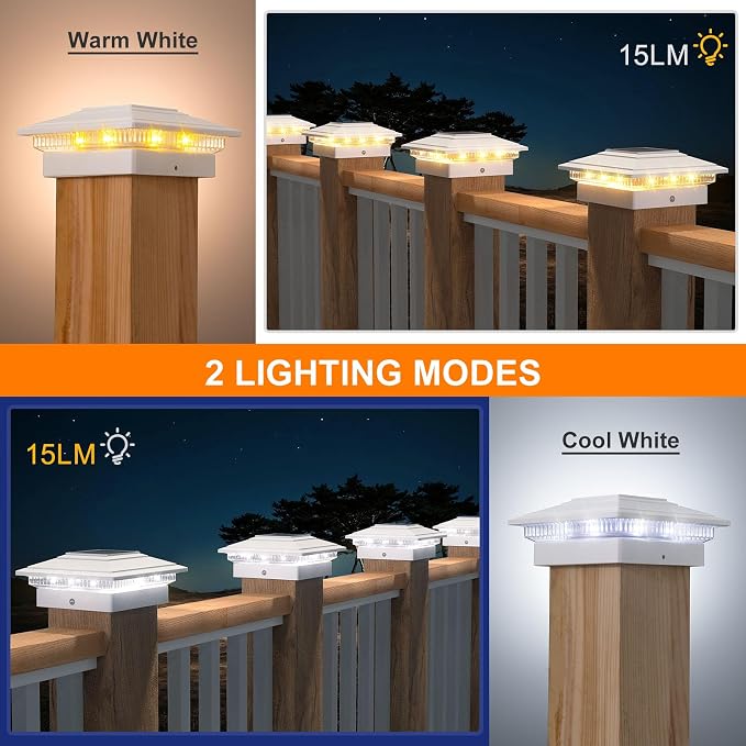 APONUO Solar Post Cap Lights 6-Pack, White IP64 Waterproof 16 LED Fence Post Solar Lights for 4x4 5x5 6x6 Wood/Vinyl Posts, 2-Mode Deck Post Lights Solar Powered, 10-Hr Lighting for Patio Yard Porch