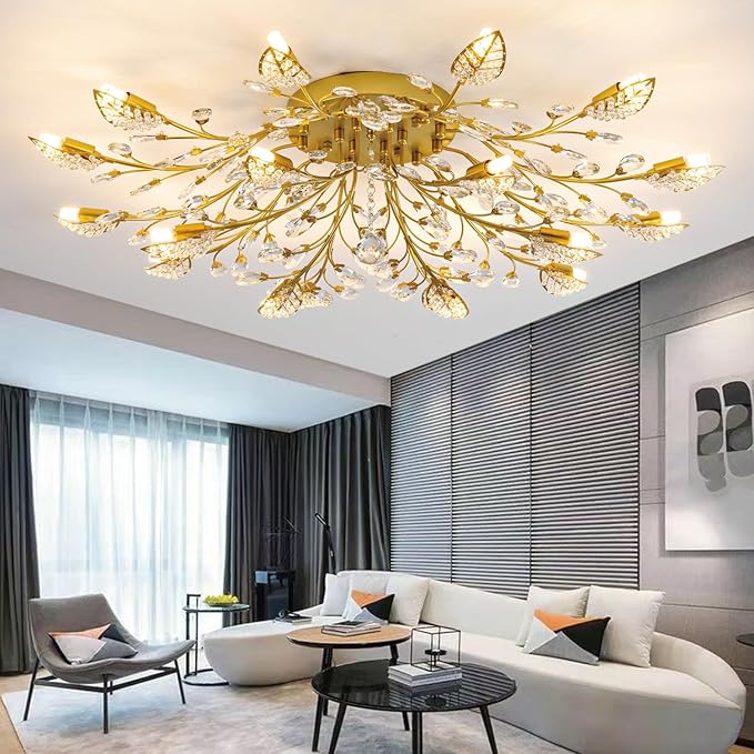Crystal Ceiling Light Fixture,Semi Flush Mount Ceiling Lights,Chandelier Dining Room for Bedroom Living Room Dining Room Kitchen Hallway Foyer
