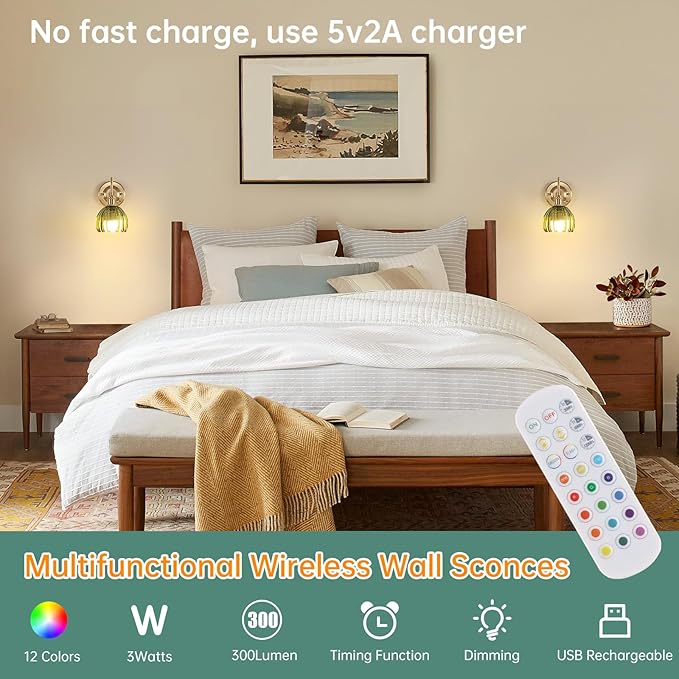 Shenmoyl Vintage Battery Operated Wall Sconce Set of 2, 5000mAh Rechargeable Wall Light, Indoor Battery Powered Wall Lamp for Bedside Bedroom Living Room, Tulip Green