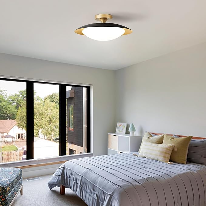 Dimmable Modern Mid-Century Ceiling Light, Black and Gold LED Semi Flush Mount Ceiling Light, 5CCT 2700K-6000K Lighting Fixture Ceiling Lamp with Glass Shade for Bedroom Kitchen Living Room, 15.8in