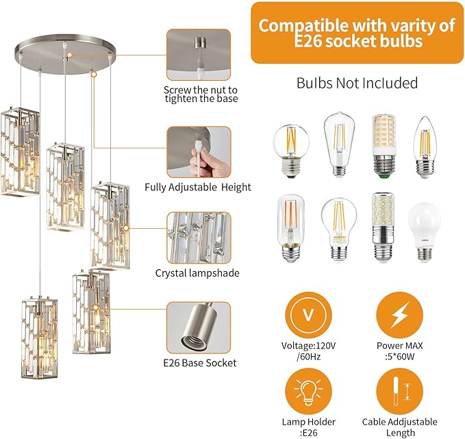 Brushed Nickel Pendant Lighting Modern Pendant Light, Mini Crystal Chandeliers,Adjustable Pendant Light Fixture for Kitchen Island Dinning Room Bedroom (5 Light)