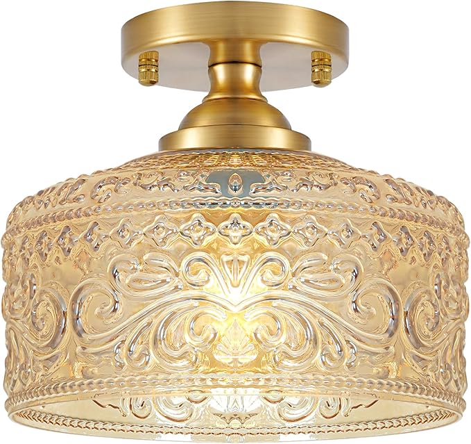 Small Semi Flush Mount Ceiling Light Fixture, Vintage Gold Close to Ceiling Lighting with Amber Etched Glass Shade for Hallway, Kitchen, Entryway (Retro Design, Easy Install)