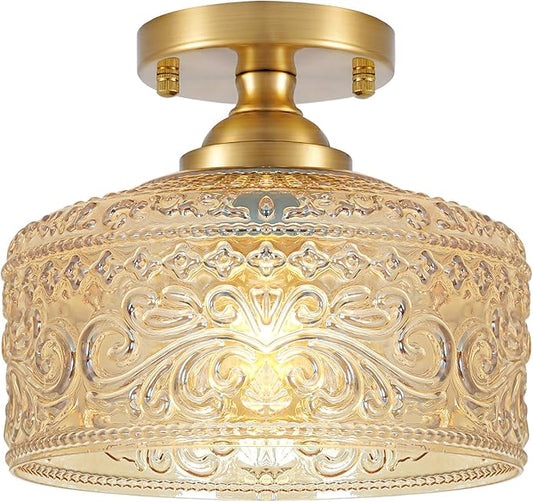 Small Semi Flush Mount Ceiling Light Fixture, Vintage Gold Close to Ceiling Lighting with Amber Etched Glass Shade for Hallway, Kitchen, Entryway (Retro Design, Easy Install)