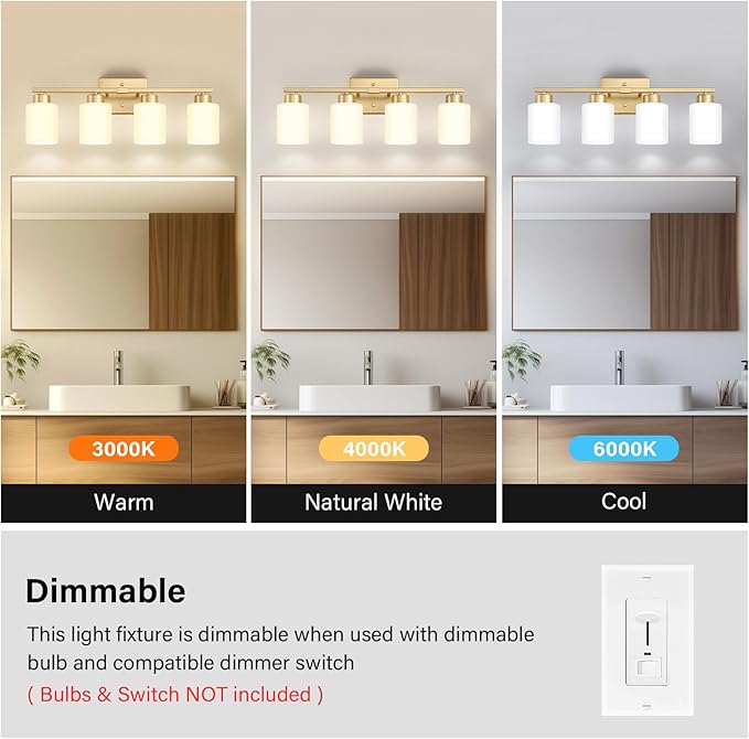 FonmYim Gold Bathroom Light Fixtures, 4-Light Modern Vanity Light Over Mirror, Wall Sconces with Milky White Frosted Glass Shades, E26 Socket (Bulbs Not Included)