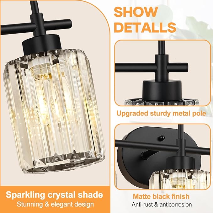Matte Black Vanity Light, 3-Light Crystal Modern Bathroom Lighting Fixtures Over Mirror, Black Bathroom Vanity Light (Bulbs Not Included)