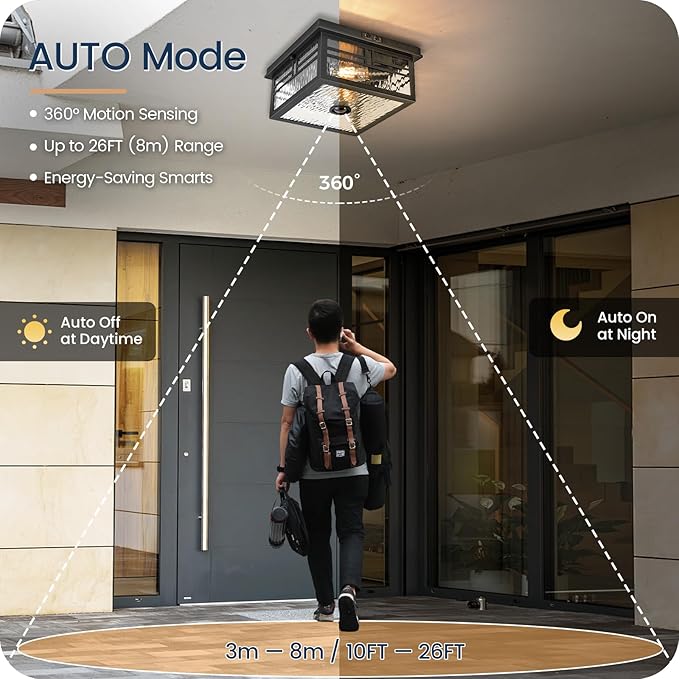 Infrared Sensor Outdoor Ceiling Light, Flush Mount Motion Sensor Ceiling Light, 2-Light Black with Ripple Glass, Bulbs Not Included, 4 Modes, for Porch, Garage, Hallway, Patio,BS07XD05W1