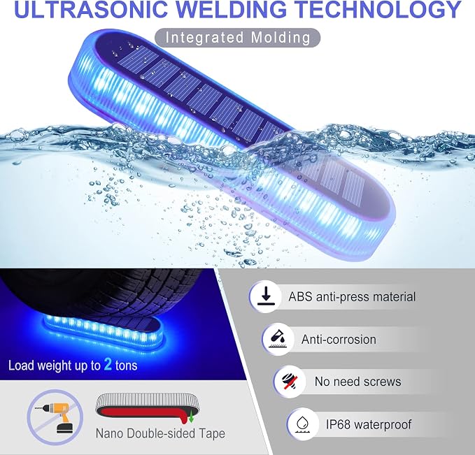 YiLaie Blue Solar Lights for Outside Stick on Boat Dock Deck Step Driveway Strip Lights Solar Powered Outdoor Waterproof Stair Post Ground Pathway Walkway Accessories Auto ON/Off（4 Pack）