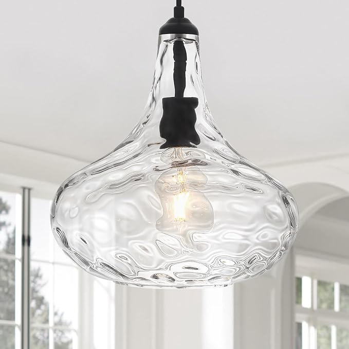 11" Large Glass Pendant Lights for Kitchen Island,Blown Glass Pendant Light Fixture,1 Light Black Farmhouse Hanging Light for Hallway,Bedroom, Living Room Tall 14 inch