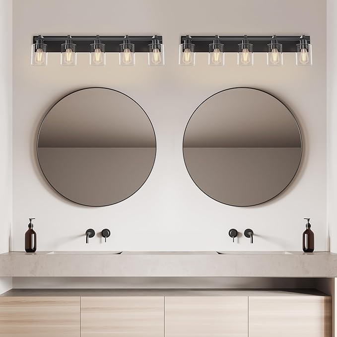 Espird Bathroom Vanity Light,5 Light Matte Black Light Fixture with Thickened Clear Glass Shade, 37 inch Modern Wall Sconce, Bathrooms Vanity Light Over Mirror for Bathroom