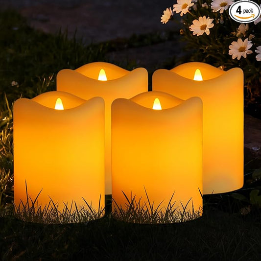 Solar Flameless Pillar Candles Outdoor 4 Pack, 3"x4" Rechargeable Solar Powered Lights, IP65 Waterproof Dusk to Dawn Sensor Solar Candles for Backyard, Garden, Patio, Porch, Pathway, Table Centerpiece