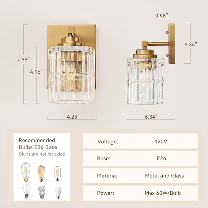 TALOYA 4 Inch Bathroom Light Fixtures,Modern,Set of 2 Light Brushed Gold Vanity Lights with Wide Vertical Ribbed Thickened Glass Shade for Mirror Makeup Room Hallway（Bulbs Not Included）