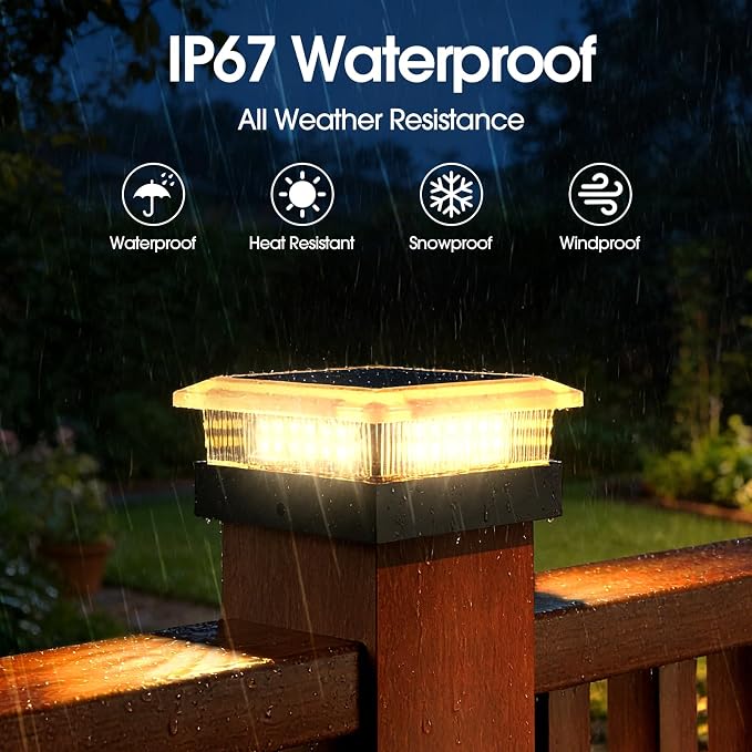 4x4 96 LED Post Solar Lights 2 Pack, 4 Lighting Modes Solar Post Cap Lights for 4x4 3.5x3.5 Wood/Vinyl Posts, Ip67 Waterproof Fence Deck Post Lights Solar Powered for Patio Porch, Black