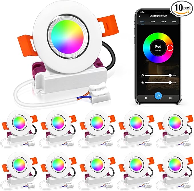 LEDLightsWorld Smart Recessed Lighting 2 Inch RGBCW Color Changing Downlight, 110V 5W, CRI 80, Wi-Fi LED Recessed Ceiling Light with Driver, Compatible with Alexa/Google Assistant, 10 Pack