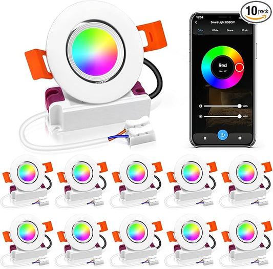 LEDLightsWorld Smart Recessed Lighting 2 Inch RGBCW Color Changing Downlight, 110V 5W, CRI 80, Wi-Fi LED Recessed Ceiling Light with Driver, Compatible with Alexa/Google Assistant, 10 Pack