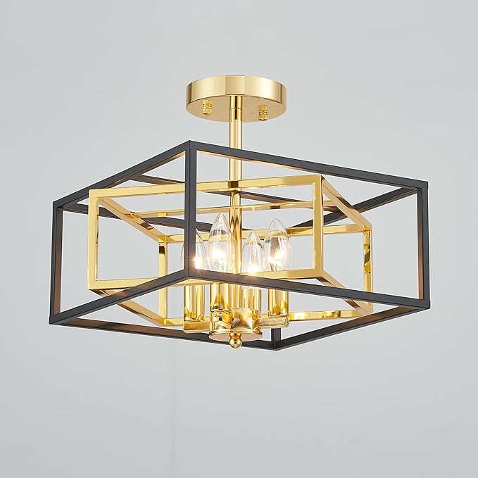 Square Ceiling Light, 4-Light Flushmount Modern Close to Ceiling Light Fixture for Living Room, Bedroom, Dining Room, L13 x W13 x H10 inch, Black & Brass Finish Frame