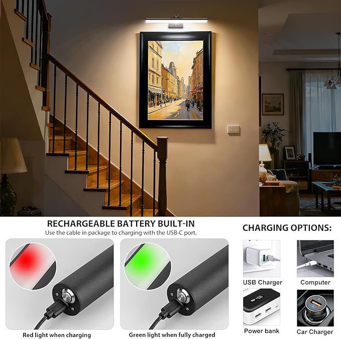 RAIFOOLLY Picture Light,Magnetic Wall Light,16inch Art Light,5000mAh Rechargeable Battery Accent Light with Remote Timer and Dimmable for Painting, Frame, Portrait, Artwork-Black