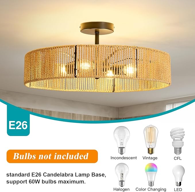 hesoge Boho Rattan Ceiling Light Fixture Rustic Black Semi Flush Mount Ceiling Light 20 Inches 4 Light Woven Chandelier for Farmhouse Hallway Bedroon Living Room Dining Room Kitchen Island