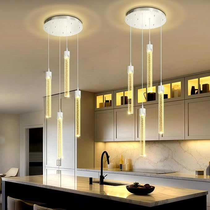 ykolupty 4-Lights Kitchen Island Pendant Lights Silver Mini Chandeliers for Dining Room Crystal Pendant Lighting Ceiling Lights for Hallway Foyer Living Room