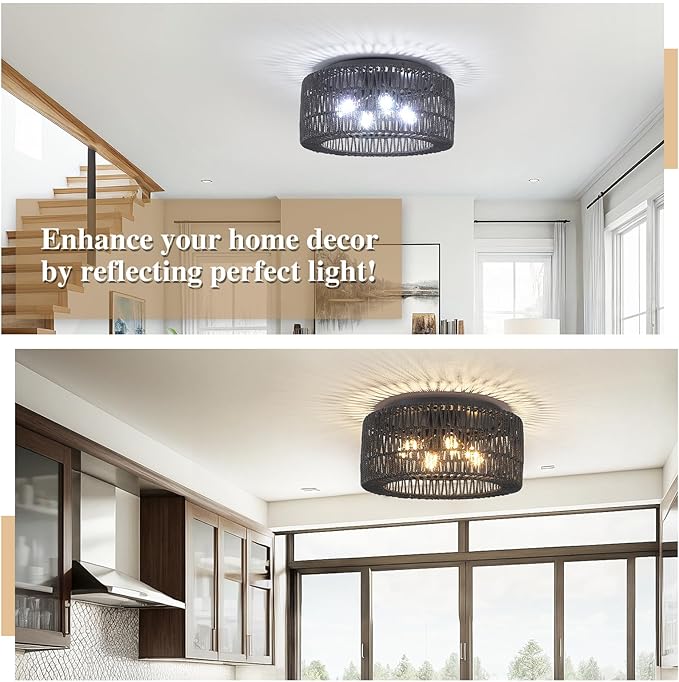 Rattan Light Fixtures Ceiling Mount,4-Lights Boho Flush Mount Ceiling Light with Hand-Woven Shade, 18''Rattan Farmhouse Chandelier for Hallway Bedroom Kitchen Farmhouse Foyer Entryway (Black)