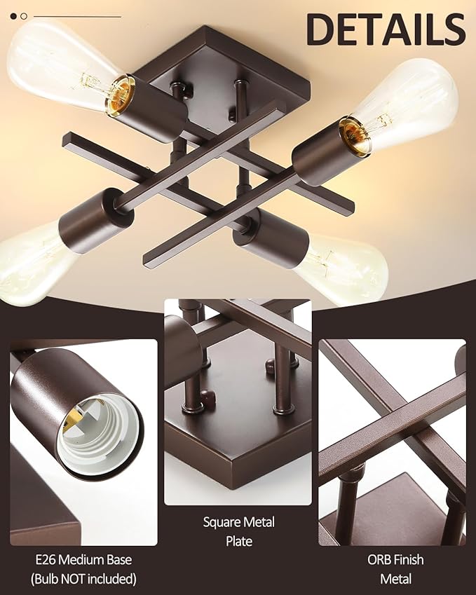 Industrial 4-Light Semi Flush Mount Ceiling Light Fixture, Modern Oil Rubbed Bronze Chandelier Lighting, Farmhouse Sputnik Ceiling Lamp with E26 Bulb Base for Living Room Hallway Entryway