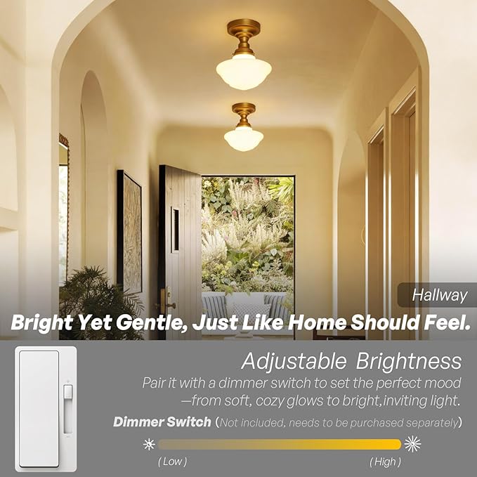 Modern Schoolhouse Semi Flush Mount Ceiling Light with Milk White Glass Lampshade, Industrial Close to Ceiling Light Fixture for Farmhouse Bedroom Hallway Entryway