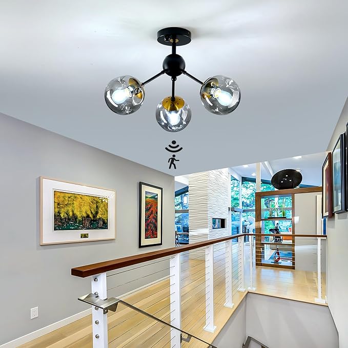 SZXYKEJI Motion Sensor Light Indoor 3-Light Vintage Semi Flush Mount Ceiling Light Fixture with Glass Globe Black Chandelier for Closet Hallway Stairway Porch Entryway
