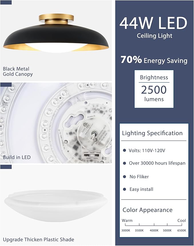 kudos Flush Mount Ceiling Light, 21inch LED Ceiling Light Fixture, Black and Gold Finish, 44W 2500lm Modern Hanging Light Fixtures for Living Room, Bedroom, Hallway, 5CCT Adjustable, KDCL02-BK-L