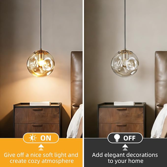 Modern Amber Concave Glass Pendant Light, 2-Pack Kitchen Island Lighting Single Globe Pendant Light Fixtures Century Kitchen Island Pendant Light for Bedroom Dining Room Light (Without Bulbs)