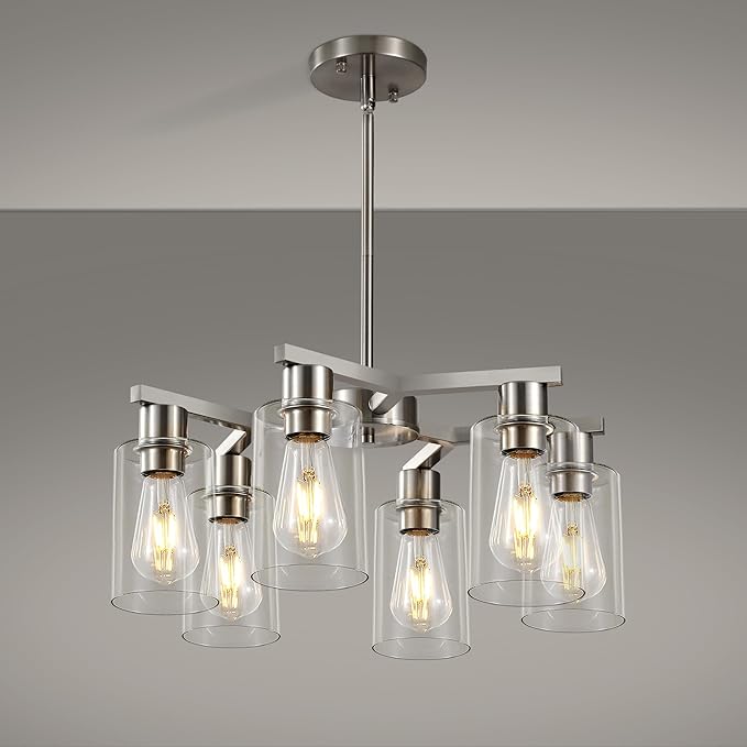 6-Light Farmhouse Brushed Nickel Chandelier,Modern Chandeliers for Dining Room Light Fixture Over Table,Adjustable Hanging Industrial Rustic Pendant Lights for Kitchen Island with Clear Glass Shade