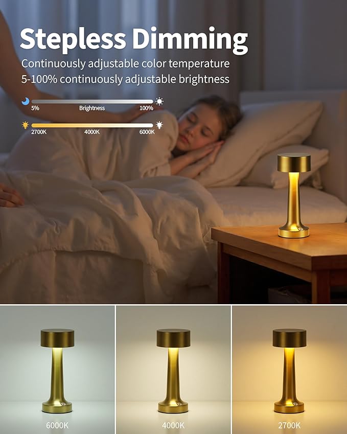 PUSU LED Cordless Small Table Lamps Set of 2, Gold Portable Rechargeable 4000mAh Battery Operated Desk Lamp, 3 Color Stepless Dimming Touch Light for Bedroom, Bedside, Dining Table, Bar, Kids Reading