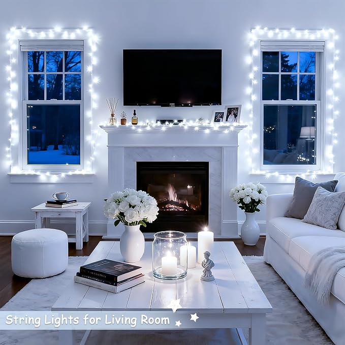 JMEXSUSS 2 Pack 100 LED White Christmas Lights Indoor, 33ft 8 Modes White String Lights Indoor Outdoor Connectable, Clear Wire Christmas String Lights for Bedroom Tree Xmas House Party Decorations