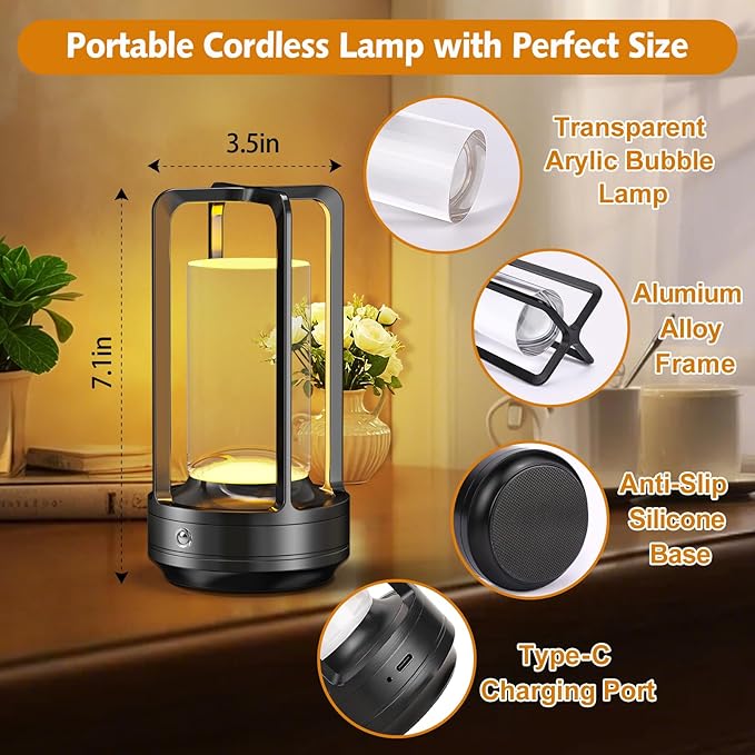 Portable Table Lamp for Outdoor Indoor: Cordless Rechargeable Desk Lamp with 10 Colors - Shower Lamp with Stepless Dimmable - Metal Battery Operated Lantern Light for Bedroom/Bar/Coffee Shop/Camping