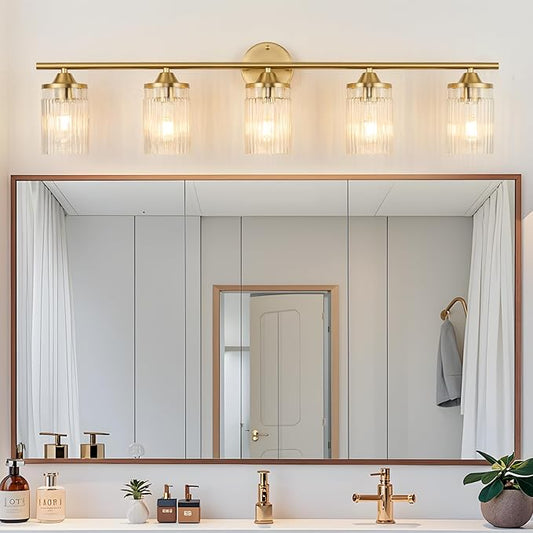 Jonsi Gold Bathroom Light Fixtures 5-Light Vanity Lights Modern Wall Sconce with Clear Glass Shade Brushed Brass Bathroom Light Fixture Over Mirror for Bedroom Hallway Kitchen