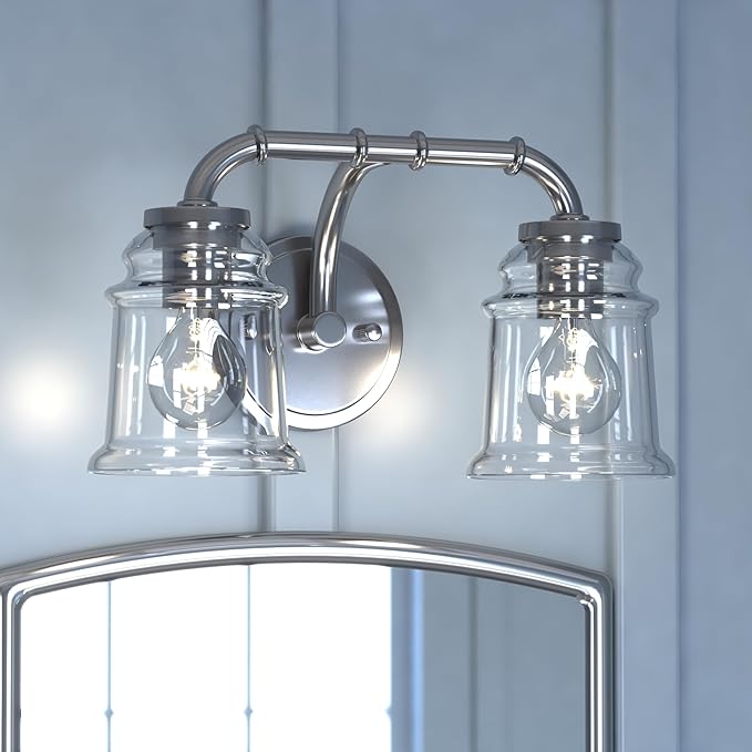 VAXCEL Toledo 2-Light 14.75 inch Wide Satin Nickel Industrial Bathroom Vanity Lighting Fixture, Clear Glass Shade, Dimmable, LED Compatible, Over The Mirror Mounted Steel Wall Sconce