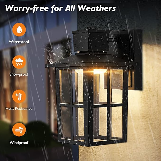 Brightever LED Outdoor Wall Lights, 10W Black Exterior Light Fixture with Clear Glass Shade, 3000K/4000K/6500K Selectable, 800LM High Brightness Outdoor Wall Lanterns for Patio Waterproof, Pack of 2