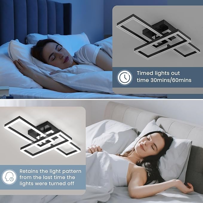 EIDISUNY Modern Led Ceiling Light Fixtures, Black Flush Mount 3-Square Ceiling Light with Remote Control&APP, Dimmable, 40W Acrylic for Bedroom, Kitchen, Dining Room