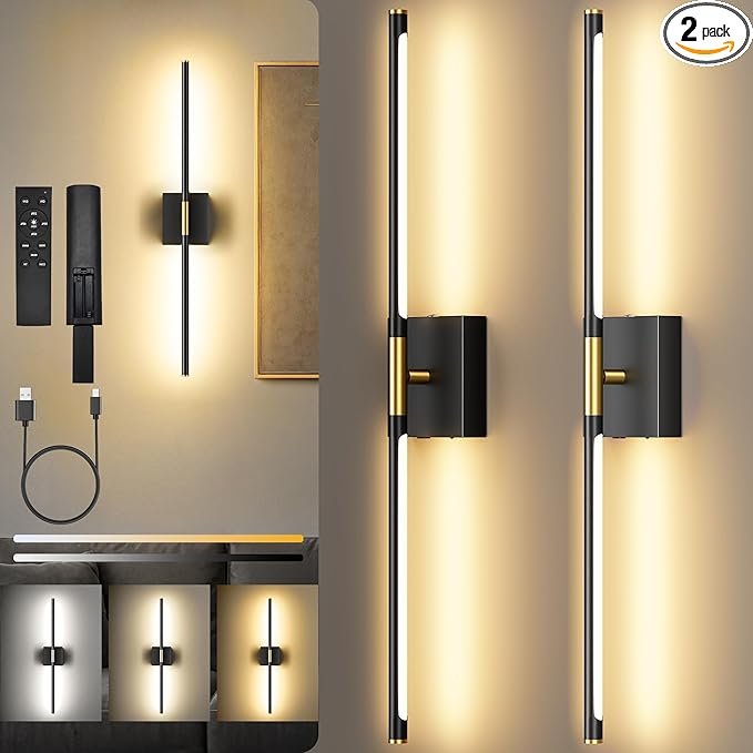 Battery Operated Wall Sconces Set of Two, 10000mAh Rechargeable Wall Lights with Remote Control, 360° Rotate Dimmable Black Gold LED Cordless Lighting for Bedroom, Living Room, Hallway, 29 Inch, 3CCT