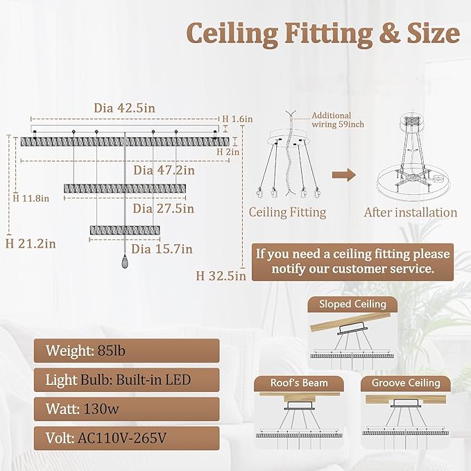 Flashing God Dia 48" Large Crystal Chandelier Modern Black Chandeliers LED Dimmable Flush Mount Chandelier Crystal Ceiling Light for Living Room Bedroom Foyer