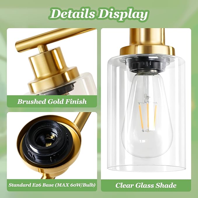 4-Light Gold Bathroom Light Fixtures, E26 Modern Vanity Lights for Bathroom with Clear Glass Shade, Wall Lamps for Mirror Hallway Kitchen Cabinet Living Room Sconces Lights