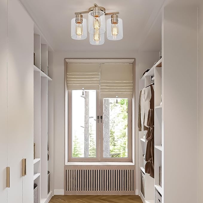 Semi Flush Mount Ceiling Light Kitchen Lighting Fixtures Ceiling Brushed Nickel Kitchen Cieling Light Fixtures with Clear Glass Shade for Dining Room Bedroom Living Room Hallway E26 Scoket