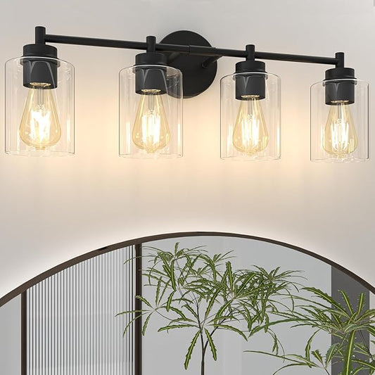 4-Light Bathroom Light Fixtures, Matte Black Modern Vanity Light with Clear Glass Shades, Bathroom Sconce for Mirror Living Room Cabinet Bedroom Porch,E26 Base(Bulbs Not Included)