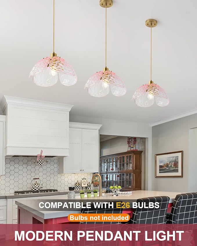 Vintage Gradient Pink Pendant Light,Bronze Pendant Lighting Fixture with Handmade Leaf Glass for Bedroom,Kitchen,Hallway,Entryway
