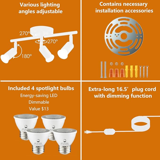Dimmable 4 Light White Plug in Track Light White Plug in Ceiling Lighting Fixture with 16.4' Long Cord,4 Way Ceiling Spotlight,Rotatable Wall Mount Light Head,LED dimmable Spot Bulbs Included