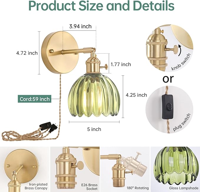 Shenmoyl Plug in Wall Sconce, Green Tulip Glass Lampshade Wall Light Plugin Corded for Bedside Bedroom Doorway, 2 Pack