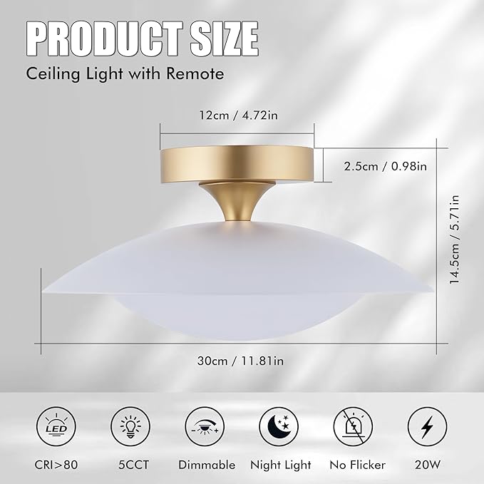 FTL Modern LED Semi Flush Mount Ceiling Light Fixture with Remote 5CCT 2700K-6500K Dimmable Mid Century White LED Ceiling Lights 11.8in Close to Ceiling Light Fixture for Kitchen Hallway Laundry Room