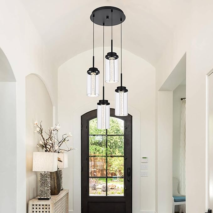 MELUCEE 4-Light Dimmable LED Pendant Light Dining Room Light Fixture Over Table Black Chandelier, 3000K-6000K Adjustable Color Temperature Island Lights with Clear Glass Shade