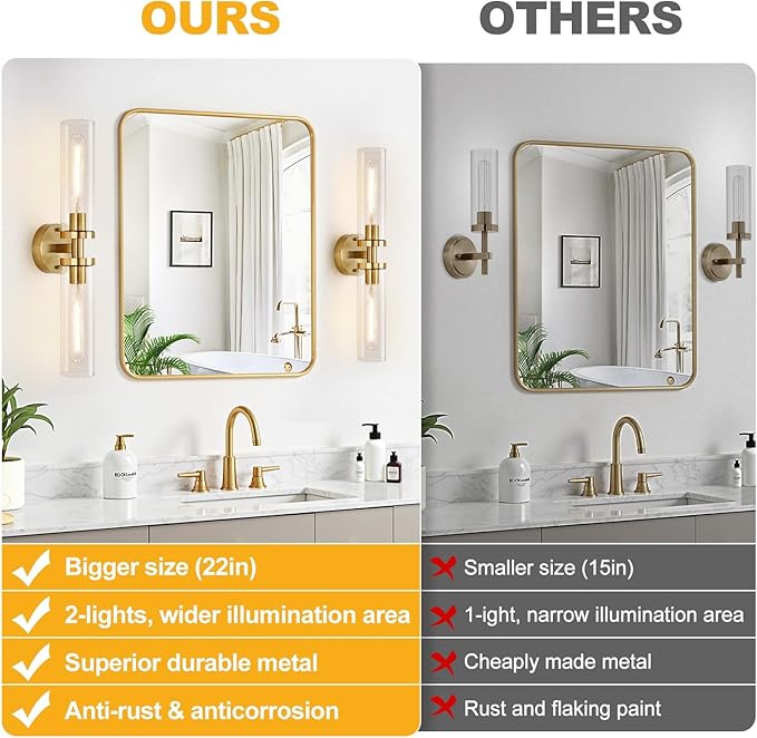 Indoi Brushed Gold Wall Sconces, Hardwired Bathroom Sconces Wall Lighting with Clear Glass, Modern Sconces Wall Light fixtures for Bathroom Mirror Living Room Hallway Bedroom