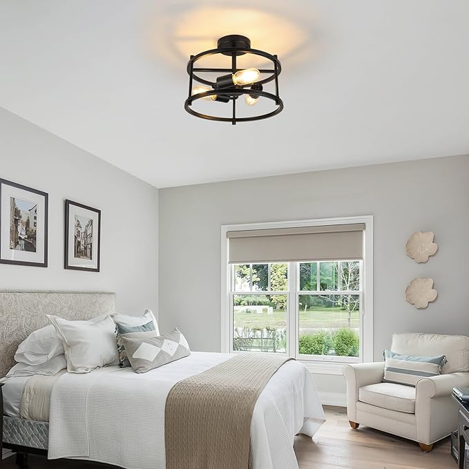 Semi Flush Mount Ceiling Light 12.59'' Farmhouse Black Ceiling Light Fixtures Industrial Kitchen Light Fixtures 3-Light Metal Cage Ceiling Lights for Bedroom, Living Room, Hallway, Foyer