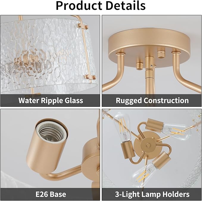 Semi Flush Mount Ceiling Light Fixture Glass Drum Chandelier Entryway Light Fixture 16''Gold Flush Mount Ceiling Lights 3-Light Foyer Lighting fixtures for Living Room Hallway Bedroom